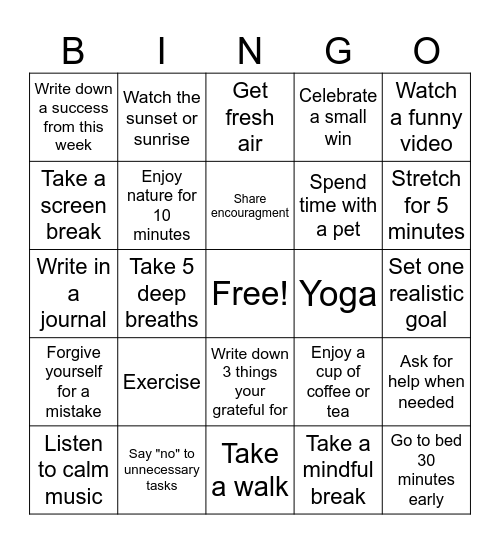 Positive Stress Management Bingo Card