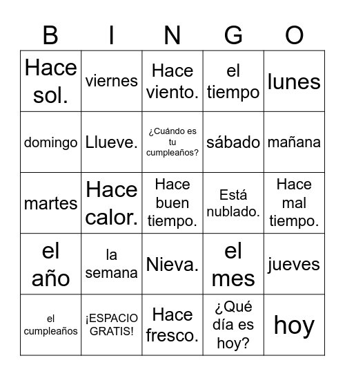 ¿Qué tiempo hace? ¿Qué mes es? Weather and months in Spanish Bingo Card