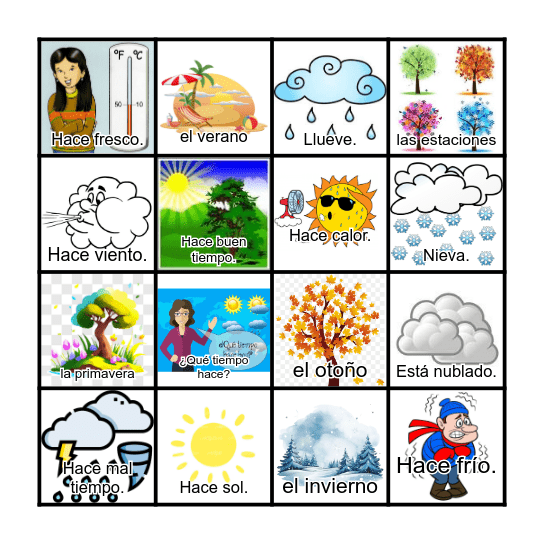 A. ¿Qué tiempo hace? El Clima y Las Estaciones Bingo Card