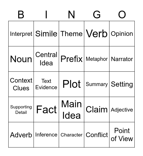 Vocabulary Bingo Card