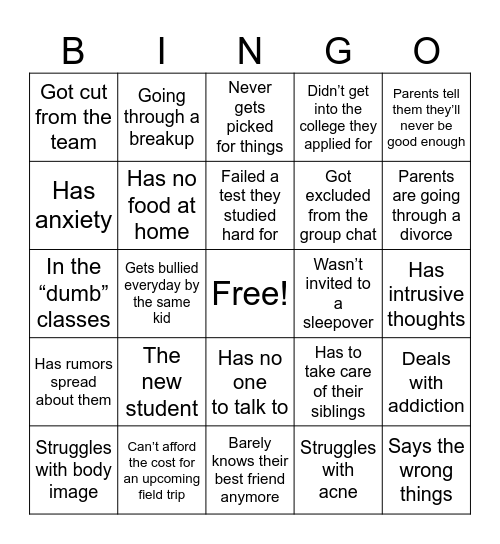 GHS Peer Helpers Bingo Card