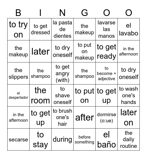 SEN 2 Vocab Lección 2 Bingo Card