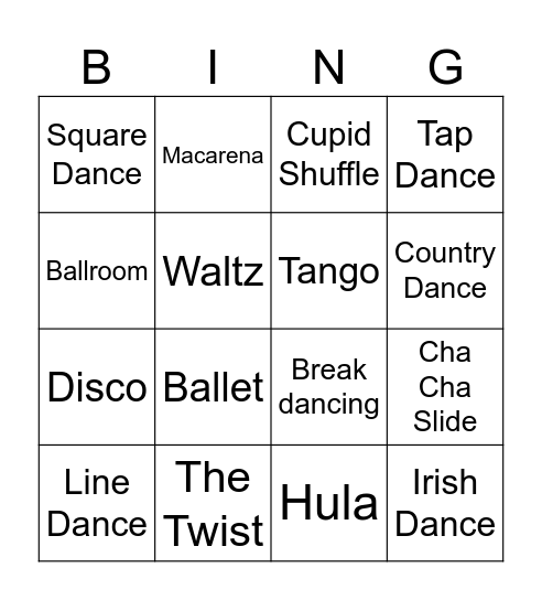 Dance Style Bingo Card
