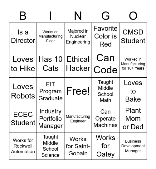 Manufacturing Day Mentor BINGO Lunch Bingo Card