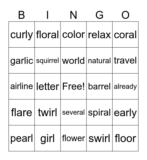 R and L Bingo Card