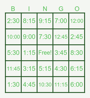 Telling Time Bingo Card