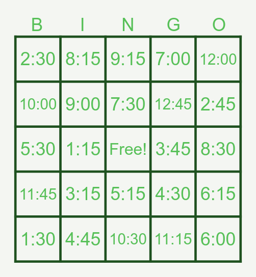 Telling Time Bingo Card