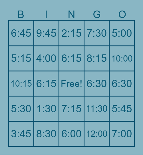 Telling Time Bingo Card