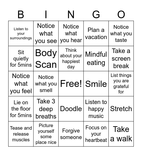 Mindfulness Bingo Card