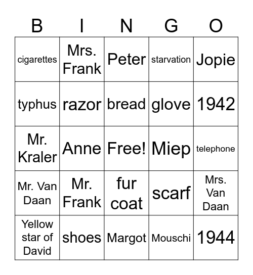 Anne Frank Bingo Card