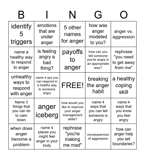 Anger Management Bingo Card