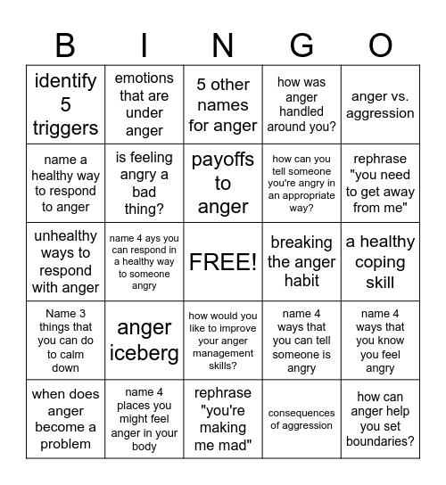 Anger Management Bingo Card