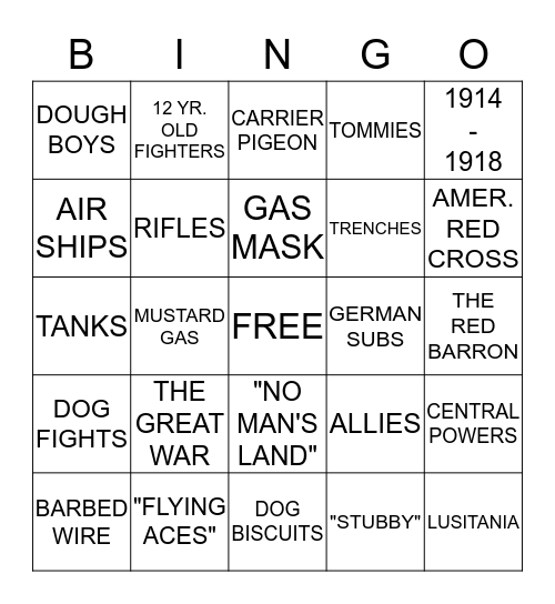 WORLD WAR i Bingo Card