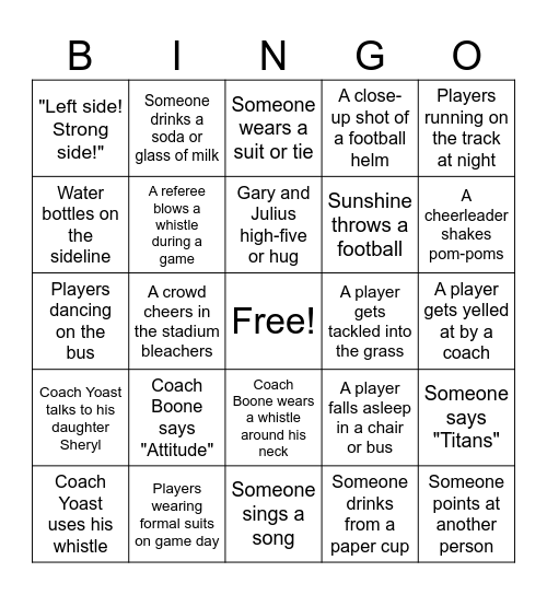 "Remember the Titans" Bingo Card