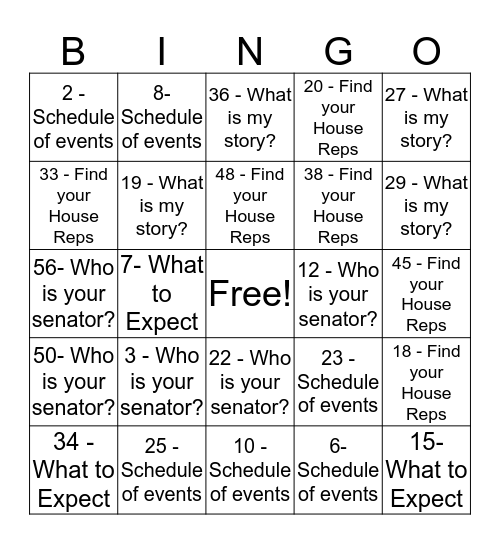 Advocacy Day Bingo Card