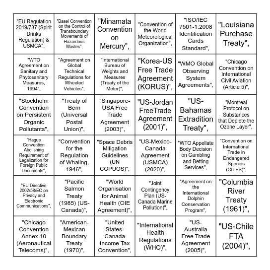 International Law Bingo Card