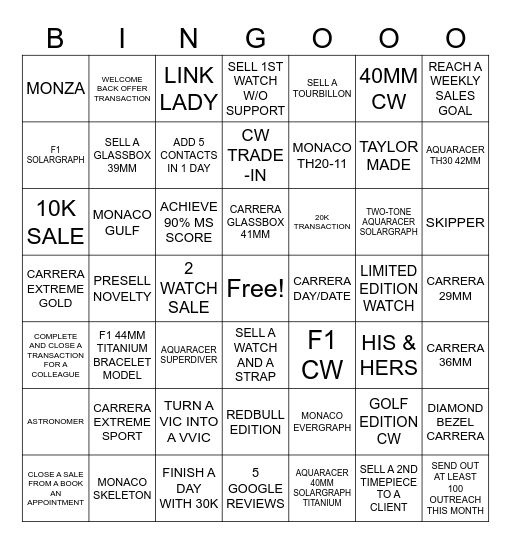 TAG HEUER BINGO Card