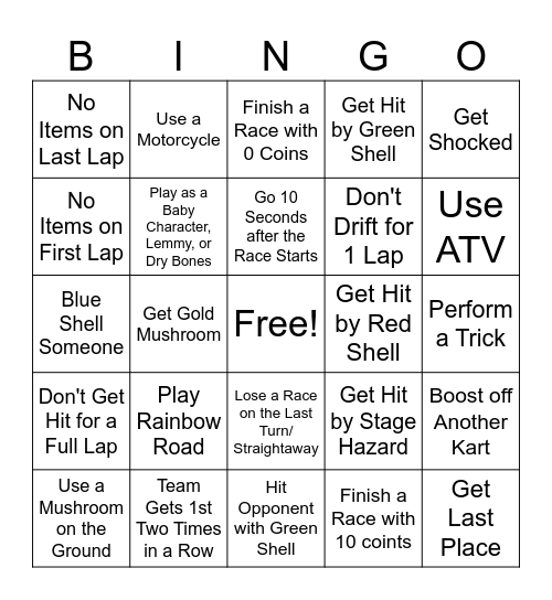 Mario Kart Bingo Card