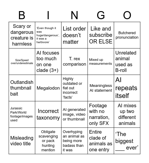 FishStickOnAStick AI Dino Sludge bingo board, as of 7/3/26 Bingo Card