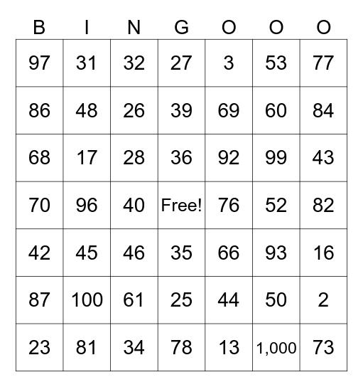 Number Bingo Card