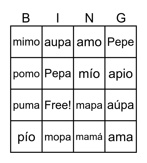 PALABRAS CON M Y P Bingo Card