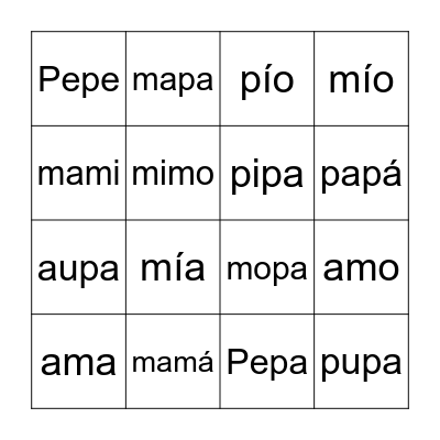 Palabras con m y p Bingo Card