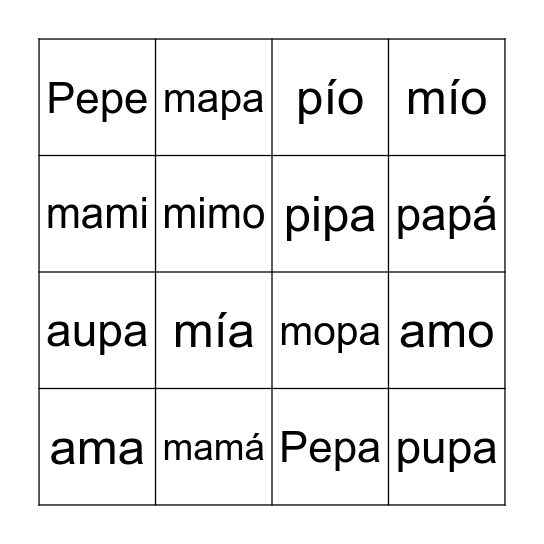Palabras con m y p Bingo Card