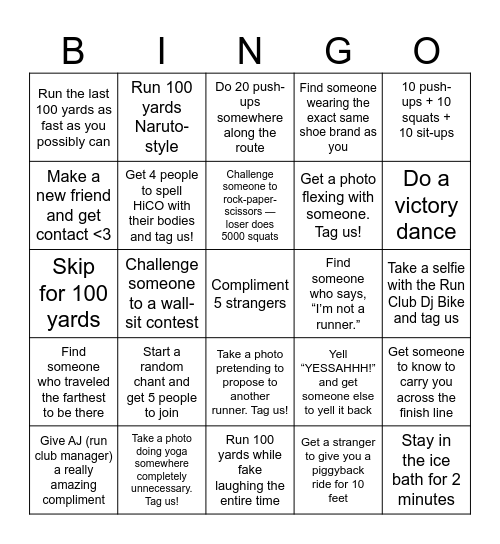 HiCO Run Club Bingo Card