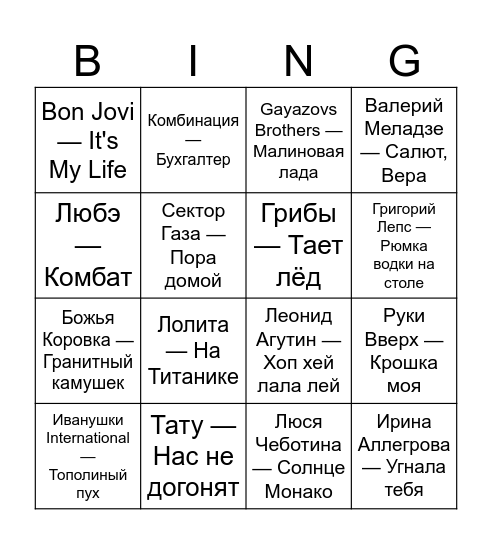 Музыкальное лото Bingo Card
