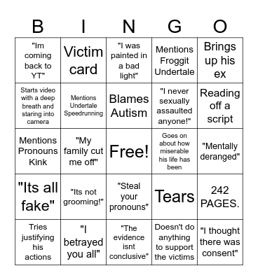 Shayy Apology Bingo Card