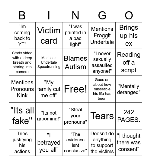 Shayy Apology Bingo Card