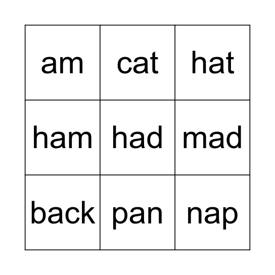 A words Bingo Card