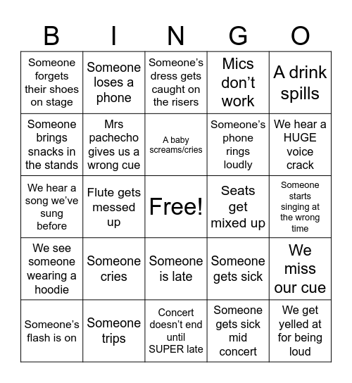 Choir concert bingo Card