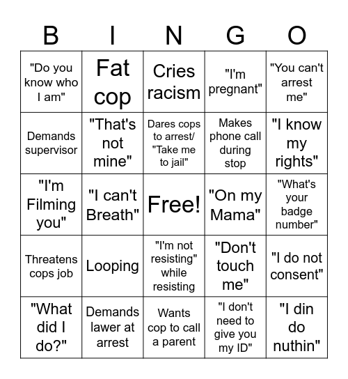 Body Cam Bingo Card