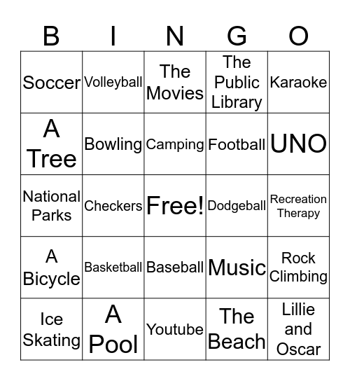 Recreation Bingo Card