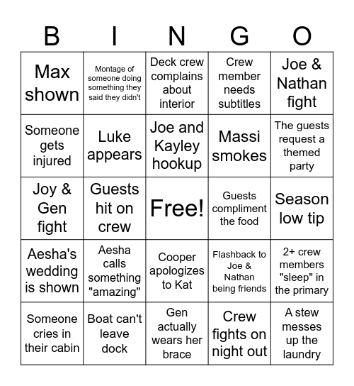 Below Deck Med Final Charter Bingo Card