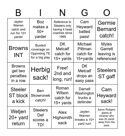 Steelers/ Browns bingo Card