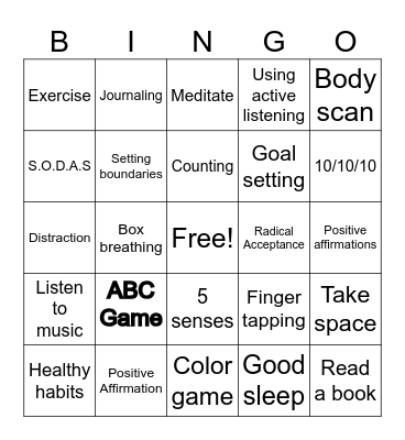 Coping Skills Bingo Card