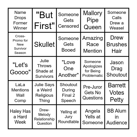 Big Brother Finale Night Bingo Card