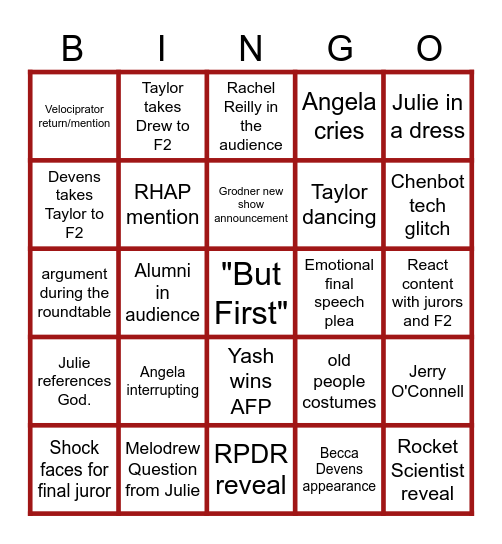 BB28 Finale Night Bingo Card Bingo Card