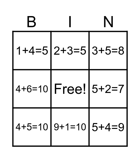Addition Bingo Card