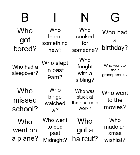 Holiday Bingo Card
