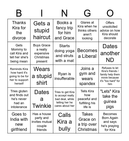 Break-up Bingo:  Ryan... Bingo Card