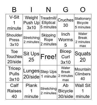 Fitness Bingo Card