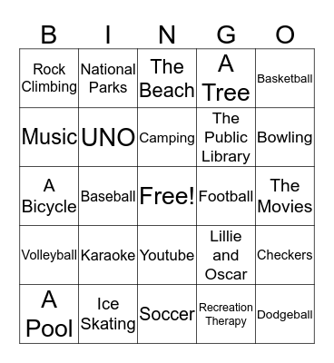 Recreation Bingo Card