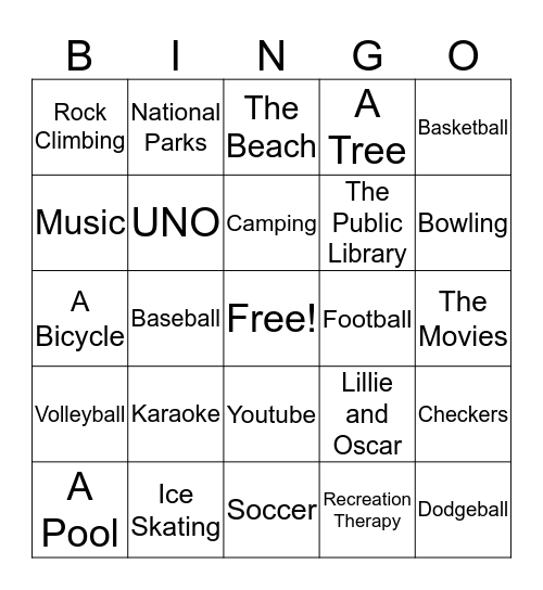 Recreation Bingo Card