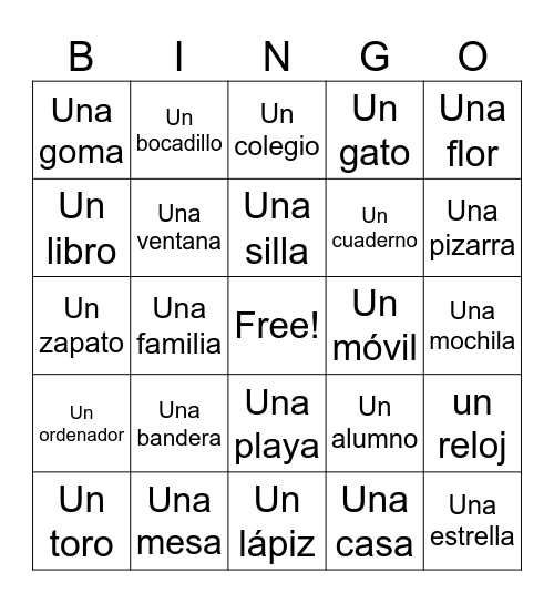 Nouns en español Bingo Card