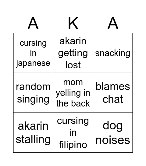 Akarin Horror Stream Bingo Card