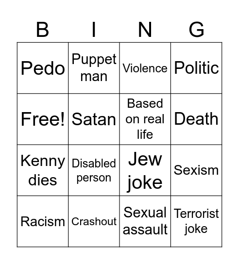South Park bingo Card