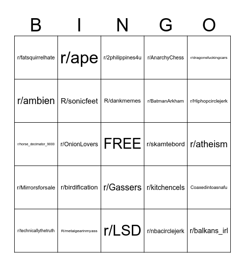 Weird Subreddit Bingo Card